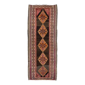 Brown Vintage Kilim Handmade Flatweave Tribal Motif Wool Runner