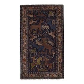 1970s Vintage Opal Blue Animal Garden Caucasian Rug