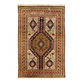 Vintage Handmade Persian Ivory Geometric Wool Rug 4'9" X 6'10"