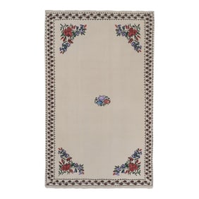 Handwoven Needlepoint Floral Pattern Kilim Rug Turkish Mid Century