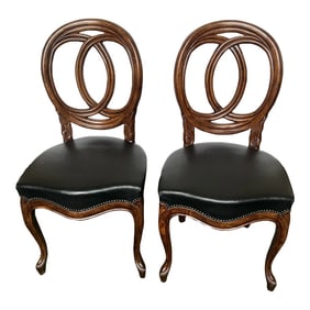 1990s Traditional Italian Wood and Leather Seat Side Chairs - a Pair
