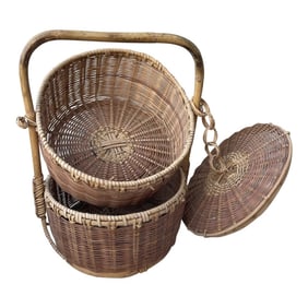 Vintage Woven Rattan/Bamboo 2 Layer Sewing Basket