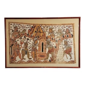 Balinese Kamasan Cloth Painting of the Mahabharata, Framed Vintage Textile Art