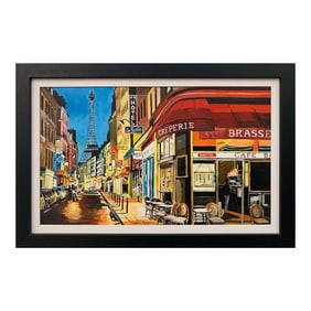 Paris Café With Eiffel Tower France Painting by British Urban Landscape Artist