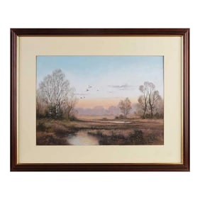 Mallards Over Wetlands in the English Countryside by 20th Century British Artist, 1985 Circa