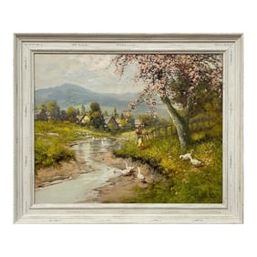 Laszlo Neogrady, Countryside Village River Scene with Tree Blossom, Figure and Geese 20th Century, C