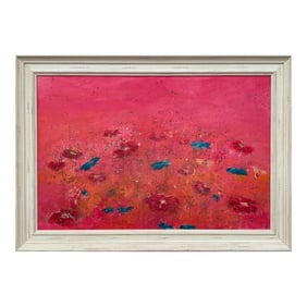 Abstract Turquoise & Red Flowers on Pink Background - Unique Original Art by British Contemporary Ar