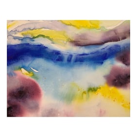 Abstract Landscape Seascape Blue Yellow Purple Painting From British Artist, Circa 2001