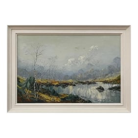 Charles Wyatt Warren, Oil Painting of River Bank with Silver Birch Trees and Misty Hills & Mountains