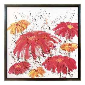 Abstract Red & Pink Flowers on a White Background - Unique Original Art by Contemporary British Arti