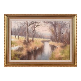 Vintage Oil Painting of River Landscape in Ireland Countryside by Modern Irish Artist, 1984