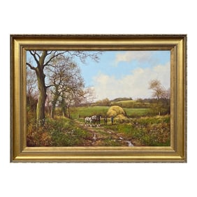 James Wright Horses with Ploughmen in the English Countryside by Realist Landscape Artist 1990 Circa