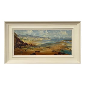 Mid-20th Century Impasto Oil Painting of Coastal Harbour Scene With Mountains in Wales