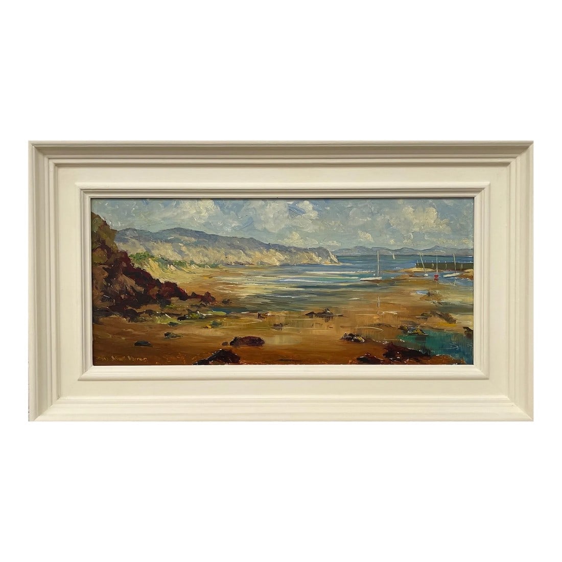 Mid-20th Century Impasto Oil Painting of Coastal Harbour Scene With Mountains in Wales (1 of 9)