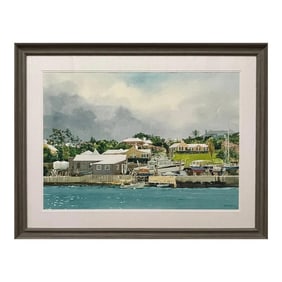 Large Watercolour of Pleasure Boats Moored on the River in Florida by Usa Artist, 2005 Circa