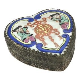 Silver Covered Porcelain Hand Painted Heart Trinket Box