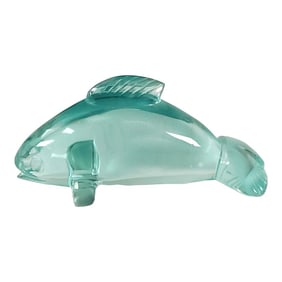 Vintage 1990 Carved Green Glass Dolphin Fish Figurine Art Glass