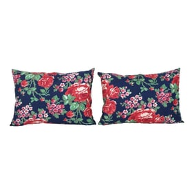 Mid-20th Century Blue Floral Lumbar Pillow Cover - a Pair