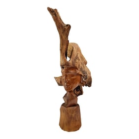 Vintage Wood Man's Face Sculpture Bust by Paul Fujimoto C. 1970