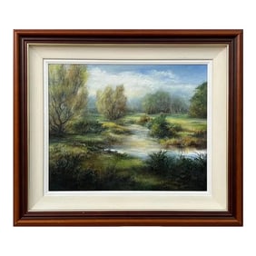 1998 River Landscape Painting of a Summer Evening in Ireland by 20th Century Artist Doris Houston, F