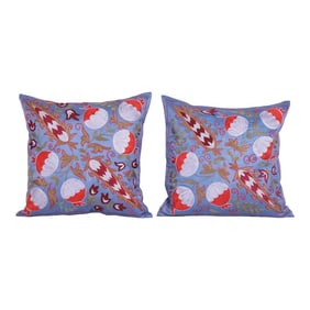 Suzani Navy Blue Silk Pillow Cover - a Pair