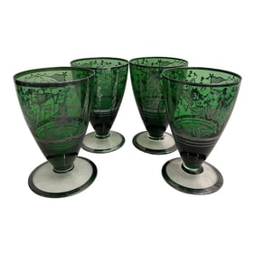 1930's Green Venetian Footed Glasses With Silver Overlay - a Set of 4
