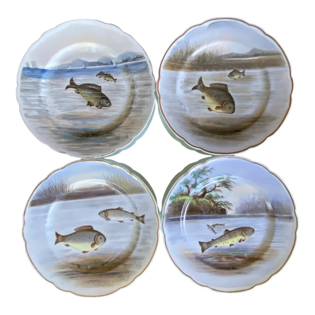 1880s Royal Vienna Hand Painted Fish Plates Scalloped Edges Gold Gilding - Set of 4 (1 of 10)