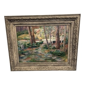 1970s Framed Garden Scene Acrylic on Canvas