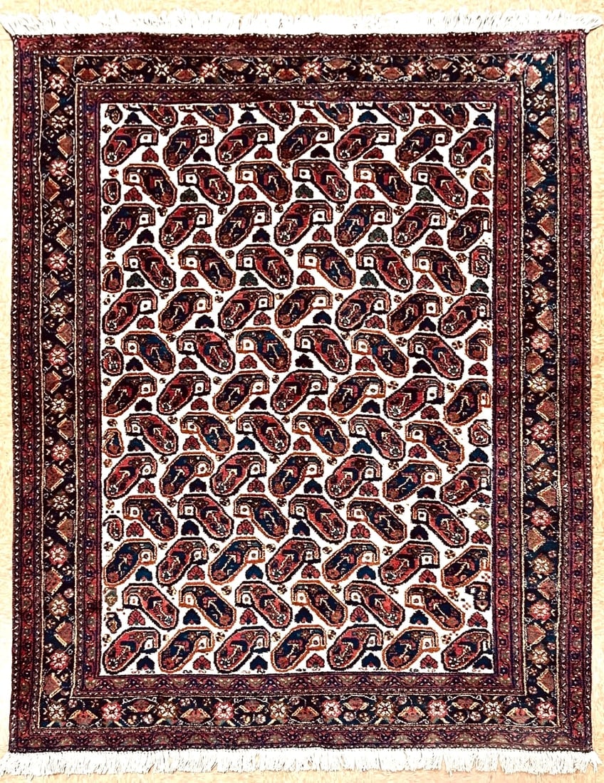 Hand-Knotted Semi-Antique Persian Sirjan Paisley Ivory Wool Oriental Rug 5'5" x 7'2" (1 of 12)