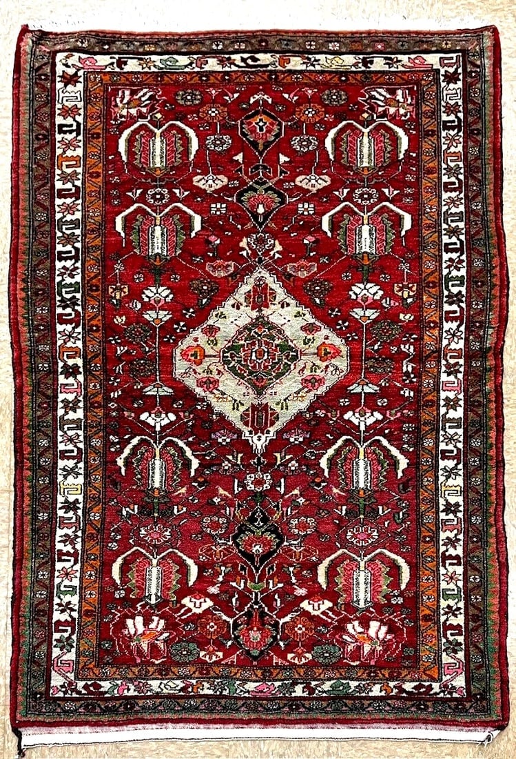 Hand-Knotted Sarouk Semi-Antique Wool Reds Blues Oriental Area Rug 4'6" x 6'9" (1 of 12)