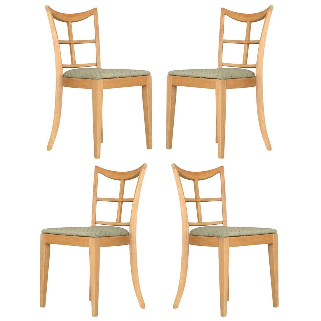 Paul Frankl for Brown Saltman Dining Chair, Set of Four: Title: Paul Frankl for Brown Saltman Dining Chair, Set of Four Description: Set of lattice-back dining chairs by Paul Frankl for Brown Saltman group. The chairs upholstered in high quality blue cotton