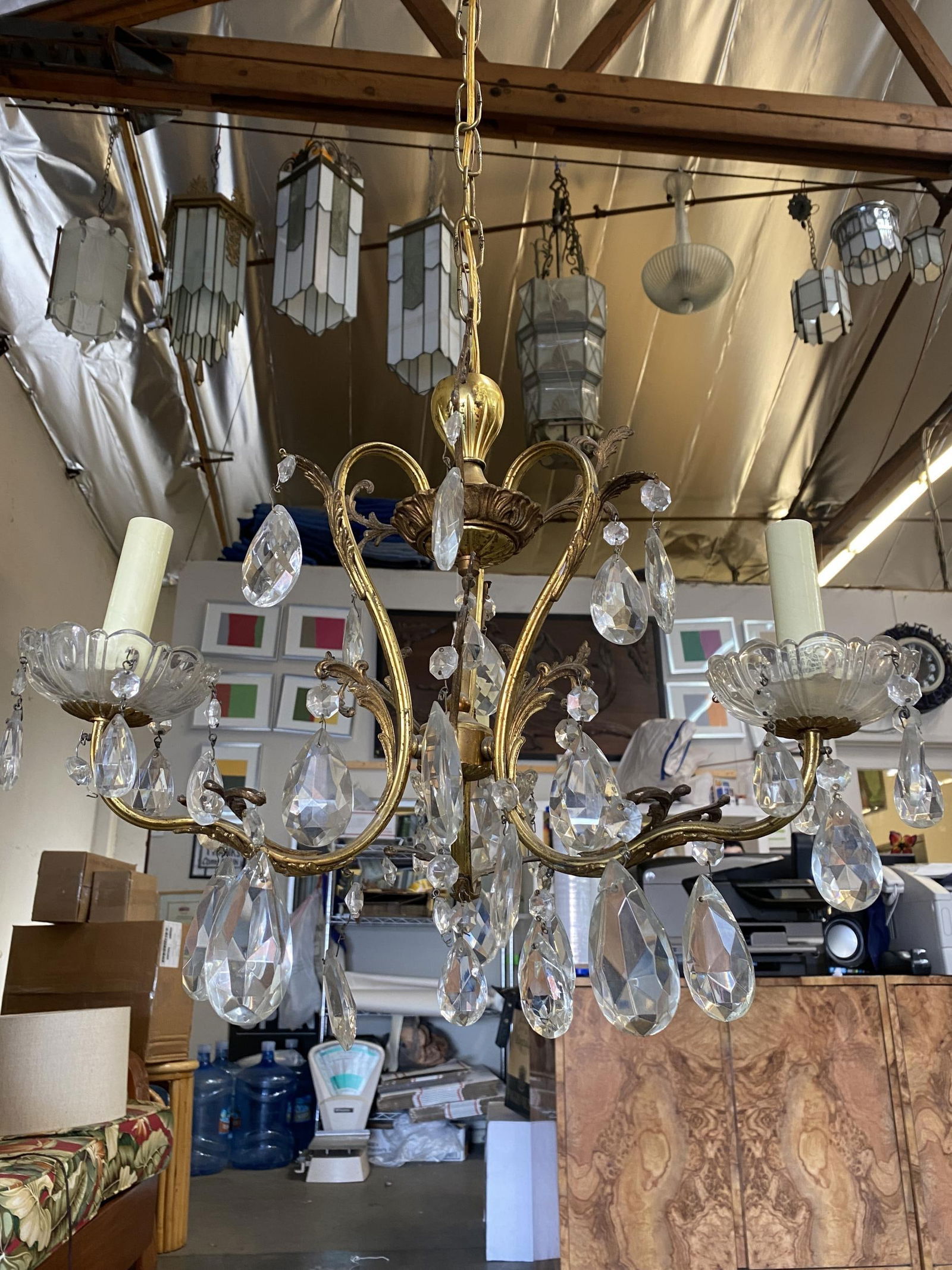 Hollywood Regency Crystal and Brass Chandelier Three Lights - 11