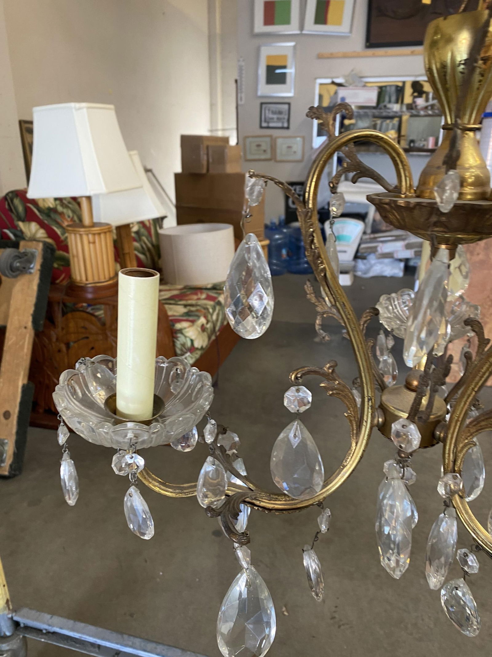 Hollywood Regency Crystal and Brass Chandelier Three Lights - 2