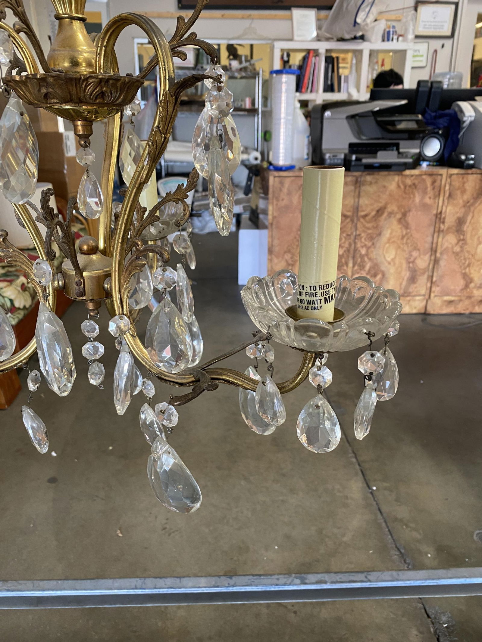 Hollywood Regency Crystal and Brass Chandelier Three Lights - 3