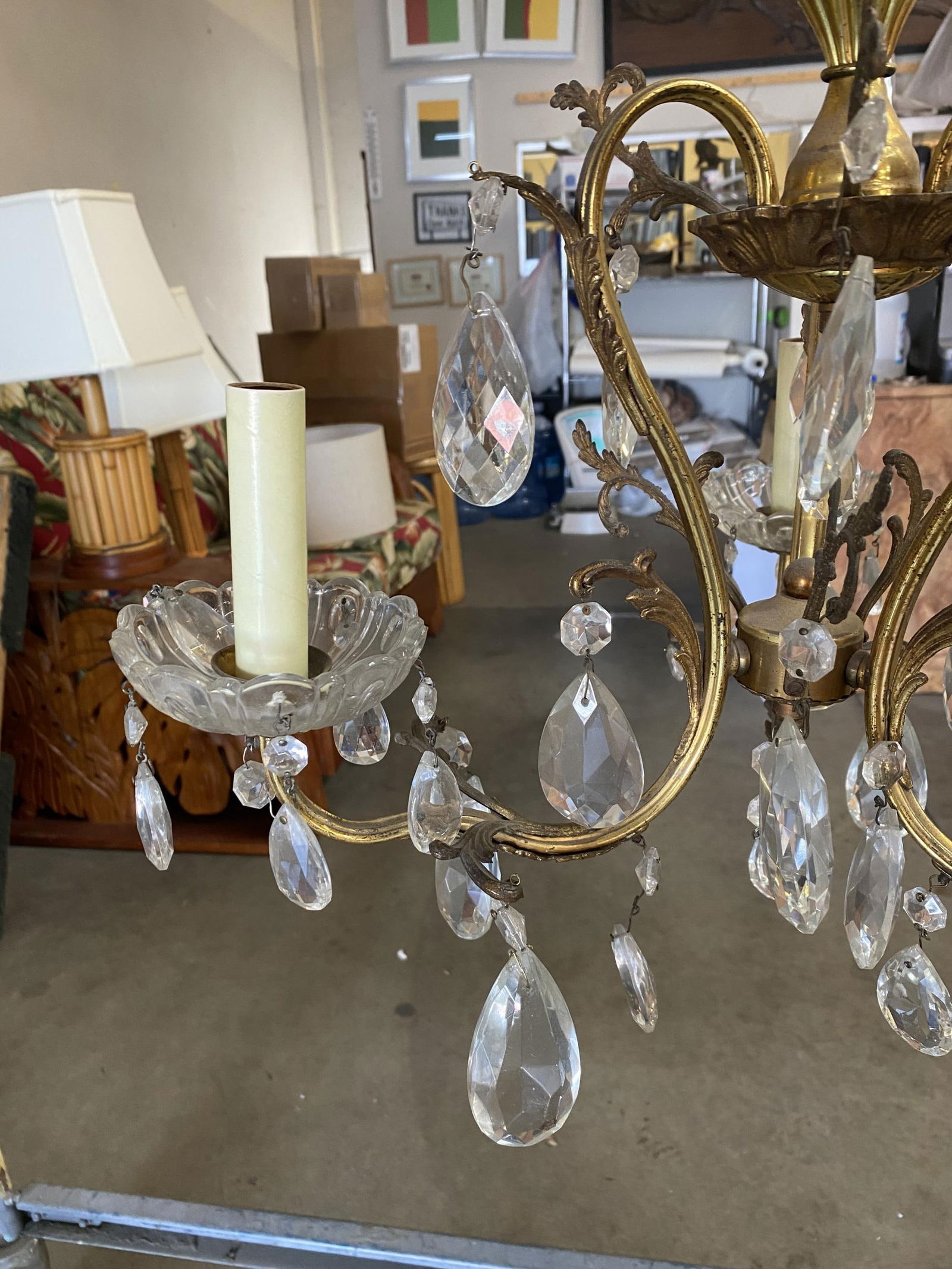 Hollywood Regency Crystal and Brass Chandelier Three Lights - 5