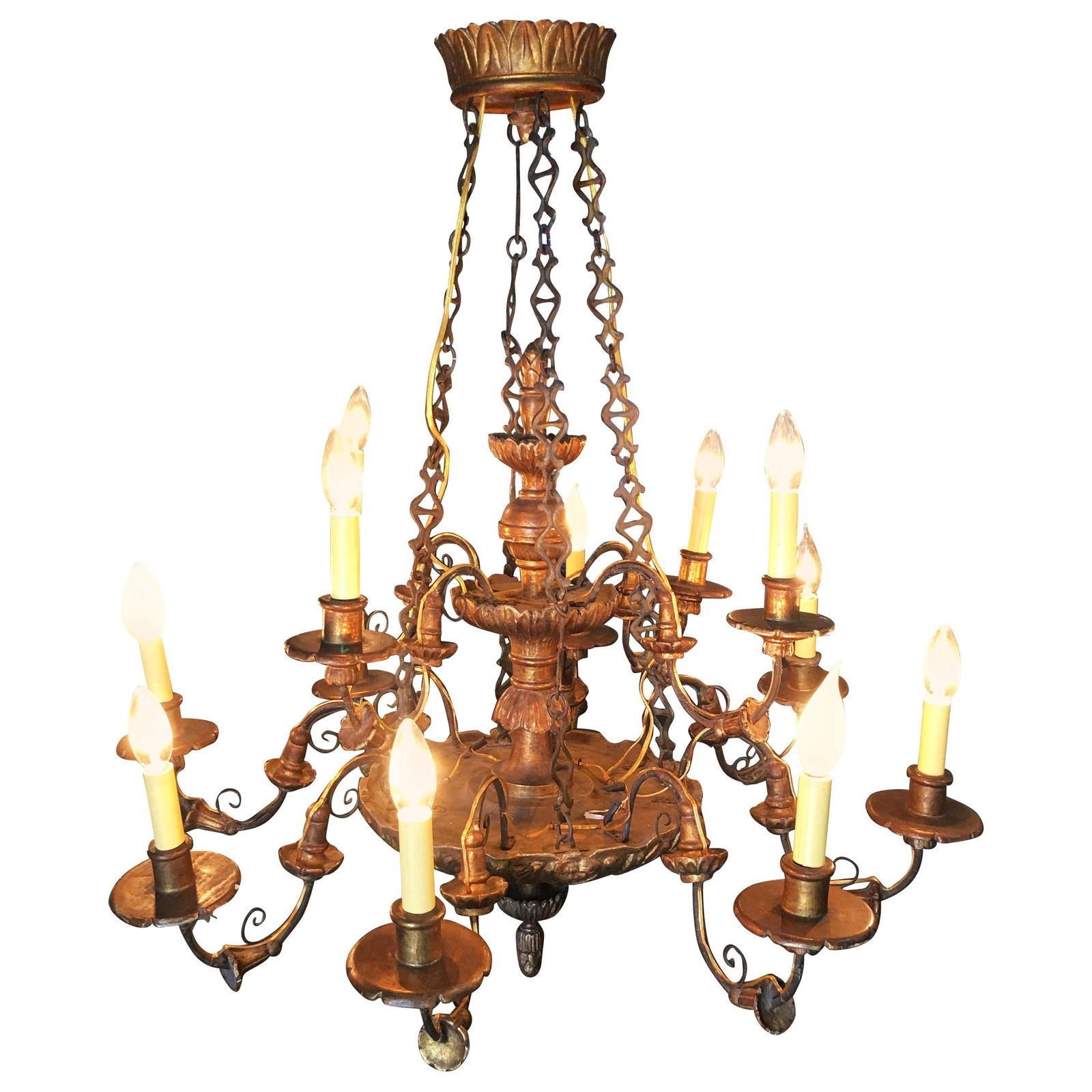 Custom Made Neo-Classic English 12 Arm Wood and Iron Chandelier: Title: Custom Made Neo-Classic English 12 Arm Wood and Iron Chandelier Description: Custom made neo-classic French styled 12 arm goldtone wood and iron chandelier featuring a wood body with an iron ch