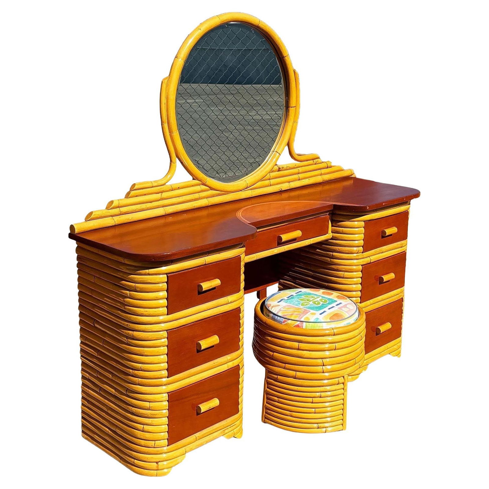 Restored Art Deco Frankl Style Stacked Rattan Vanity w/ Round Mirror & Stool: Title: Restored Art Deco Frankl Style Stacked Rattan Vanity w/ Round Mirror & Stool Description: This beautifully restored horizontal-stacked rattan vanity blends vintage style charm with modern comfo