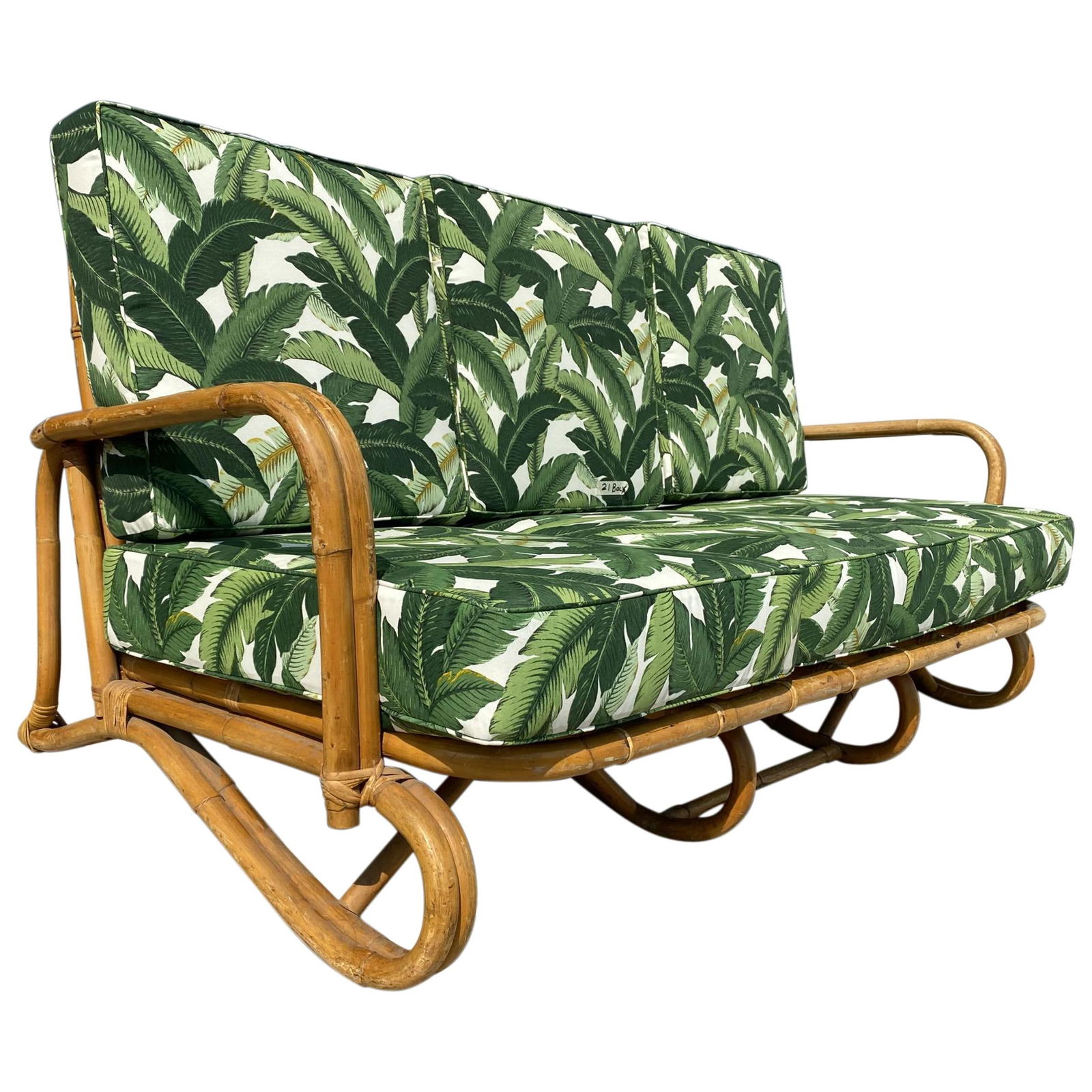 Restored "Hairpin" Leg Rattan 2-Strand 3-Seat Sofa with Bent Pole Arms: Title: Restored "Hairpin" Leg Rattan 2-Strand 3-Seat Sofa with Bent Pole Arms Description: Original Paul T. Frankl inspired "Hairpin" leg rattan 2-strand 3-seat sofa with bent pole arms. This sofa fea
