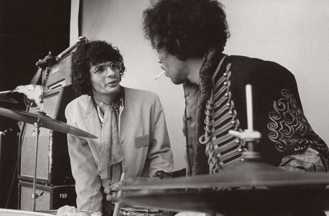 JIM MARSHALL - Jimi Hendrix with Al Cooper, Monterey Pop, 1967: Title: JIM MARSHALL - Jimi Hendrix with Al Cooper, Monterey Pop, 1967 Description: Artist: JIM MARSHALL Print Title: Jimi Hendrix with Al Cooper, Monterey Pop, 1967 Printing Date: 2000 Medium: Duotone