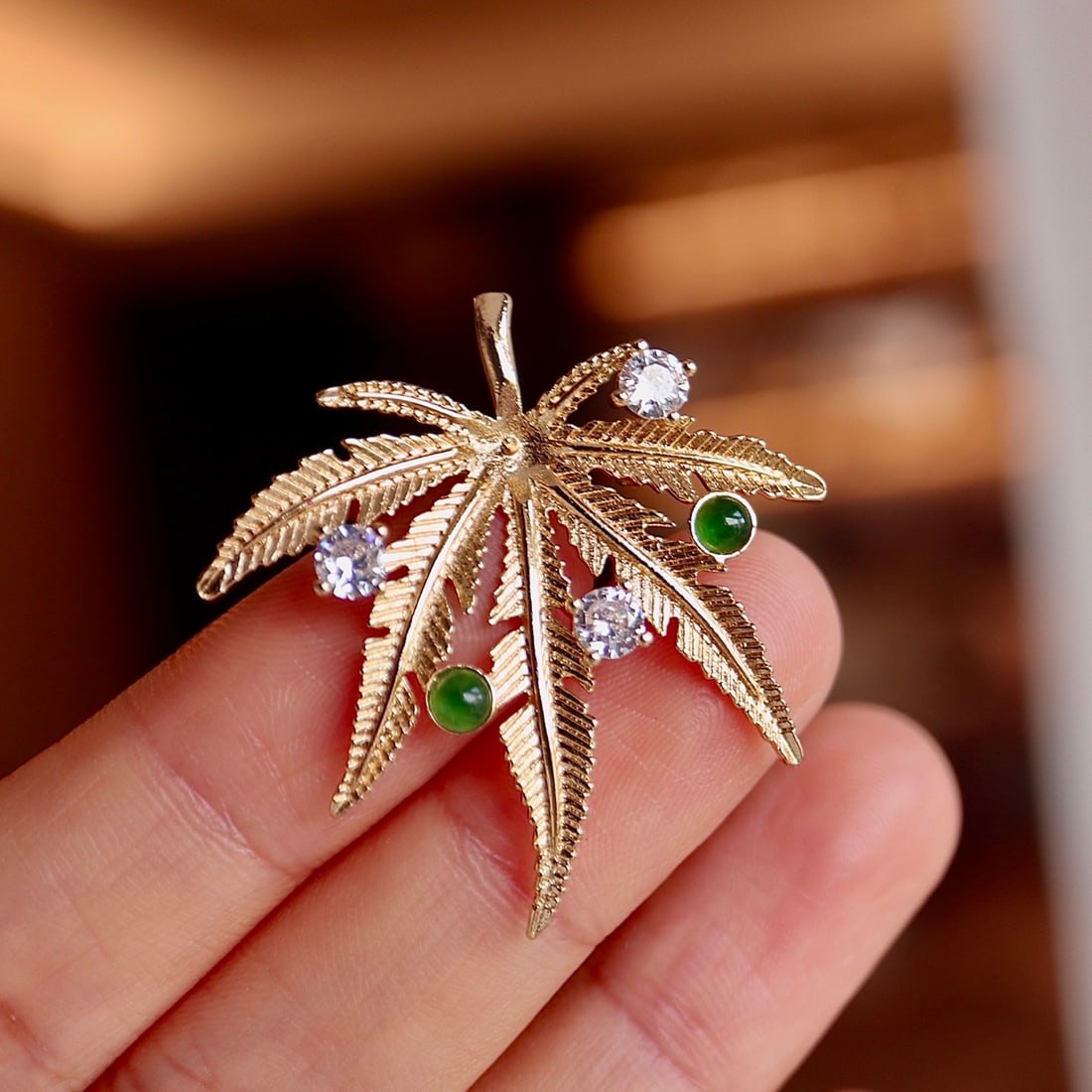 Natural Jade Maple Leaf Brooch Pendant - 7