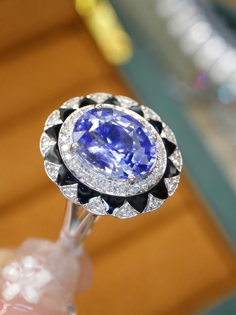 Cornflower Blue Sapphire Enamel Ring - 4