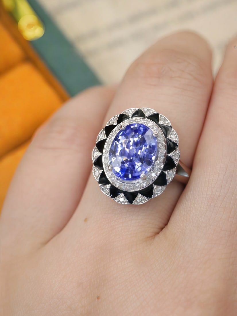 Cornflower Blue Sapphire Enamel Ring - 6