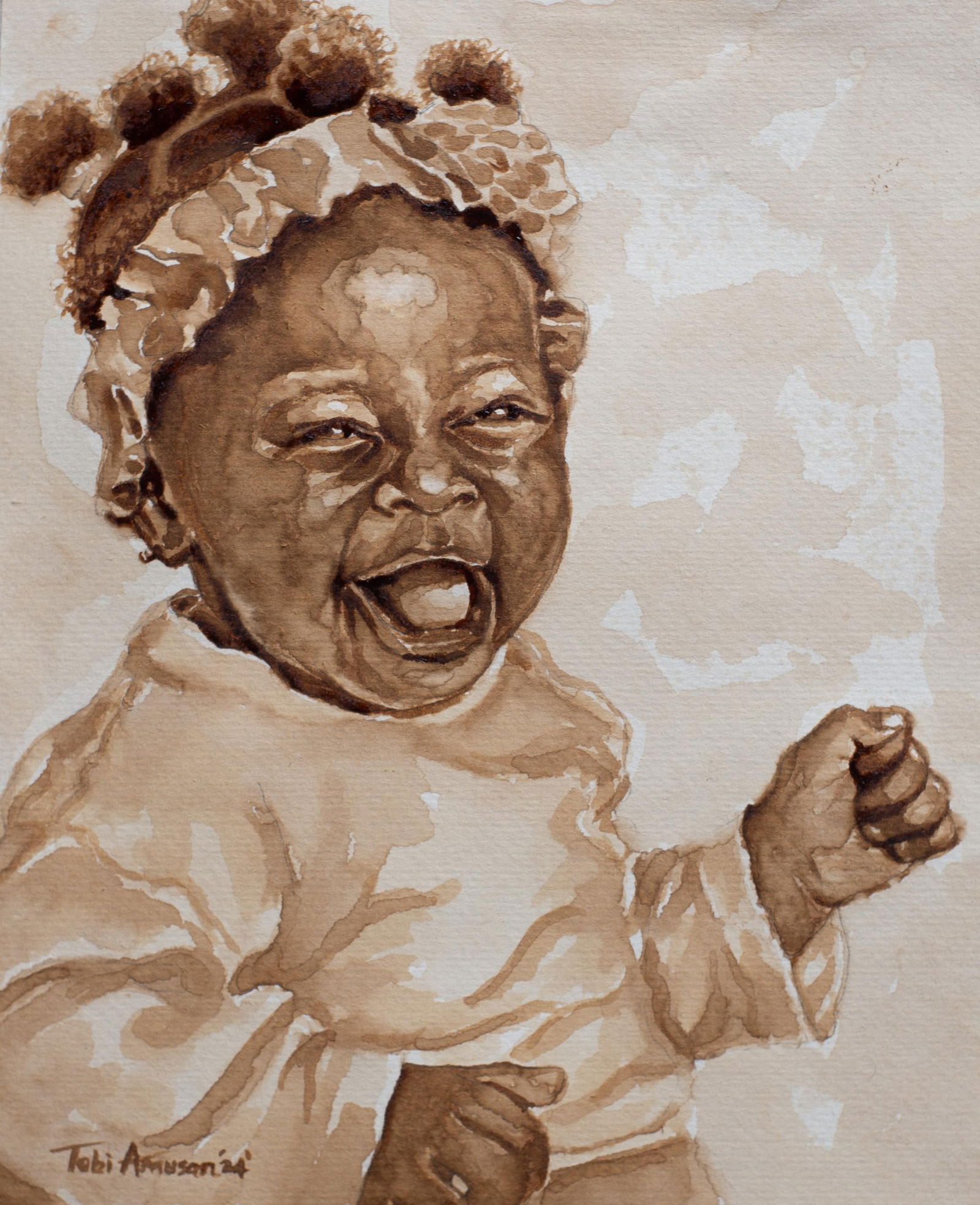 Oluwatobiloba Amusan, Joyful Moment 1 - 21st Century, Contemporary, Figurative Portrait, Children,: Creator: Oluwatobiloba Amusan (1991, Nigerian) Creation Year: 2024 Dimensions: Height: 12 in (30.48 cm)Width: 10 in (25.4 cm)Depth: 1 in (2.54 cm) Medium: Paper,Watercolor,Coffee Movement & Style: Con