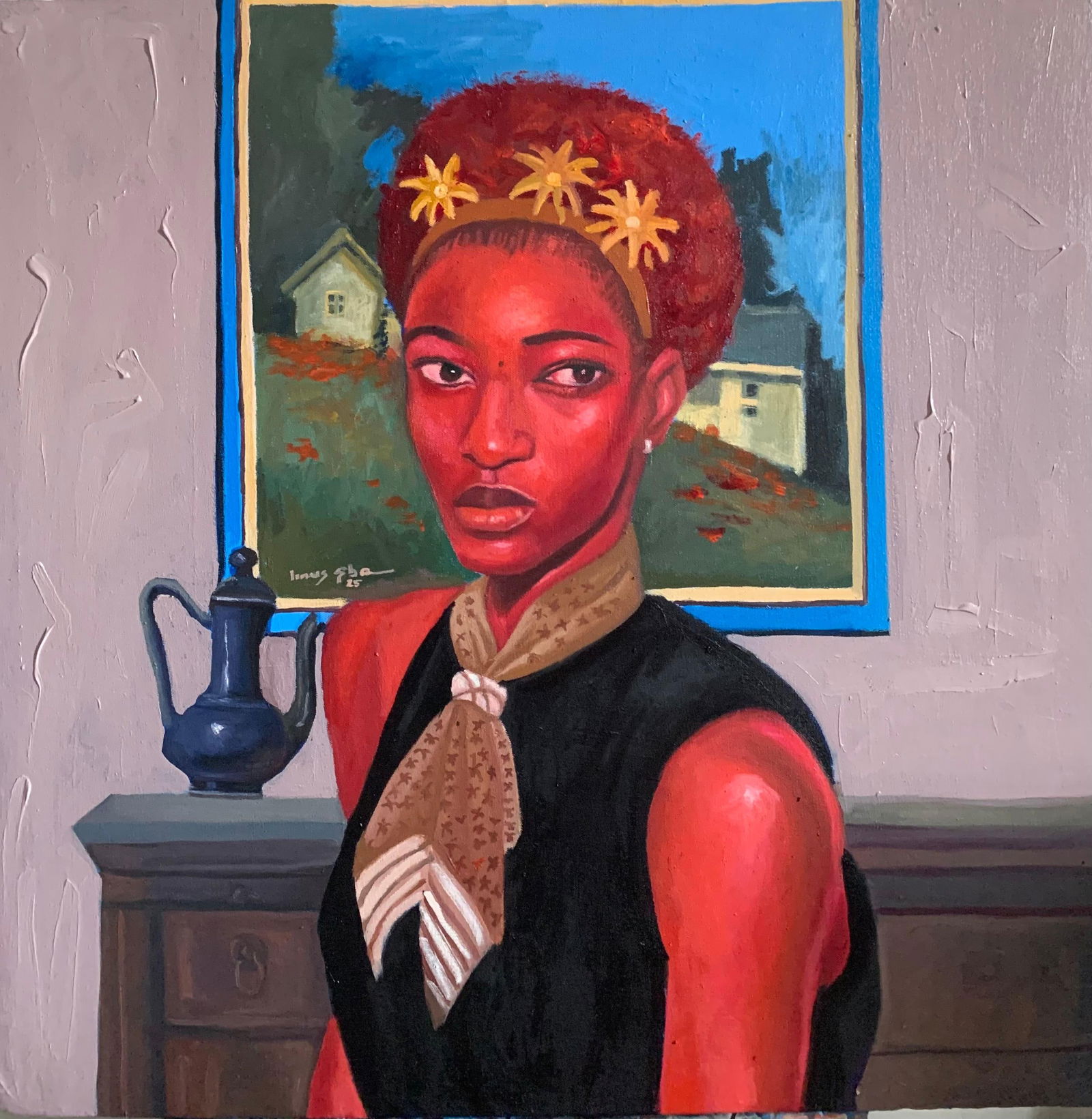 Aba Linus, Portrait of Abigael - 21st Century. Contemporary, Figurative, Modern Portrait, 2024: Creator: Aba Linus (1997, Nigerian) Creation Year: 2024 Dimensions: Height: 31 in (78.74 cm)Width: 31 in (78.74 cm)Depth: 1 in (2.54 cm) Medium: Canvas,Oil Movement & Style: Contemporary Period: 21st