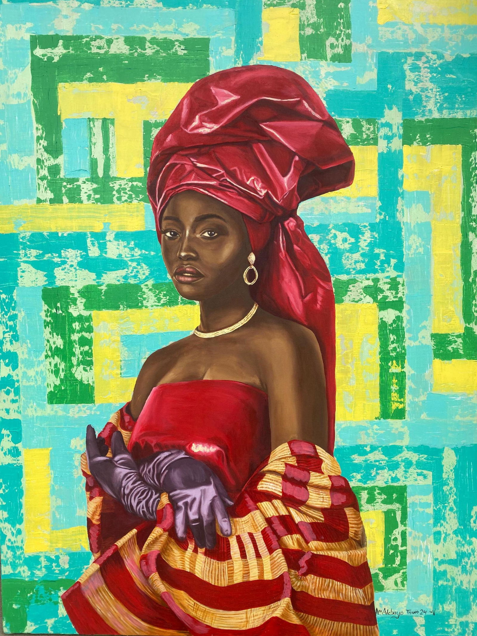 Adebayo Taiwo, Wrinkles and Silk -21st Century, Contemporary, Figurative Portrait, Africa Women,: Creator: Adebayo Taiwo (2003, Nigerian) Creation Year: 2024 Dimensions: Height: 50 in (127 cm)Width: 38 in (96.52 cm)Depth: 1 in (2.54 cm) Medium: Canvas,Acrylic Movement & Style: Contemporary Period: