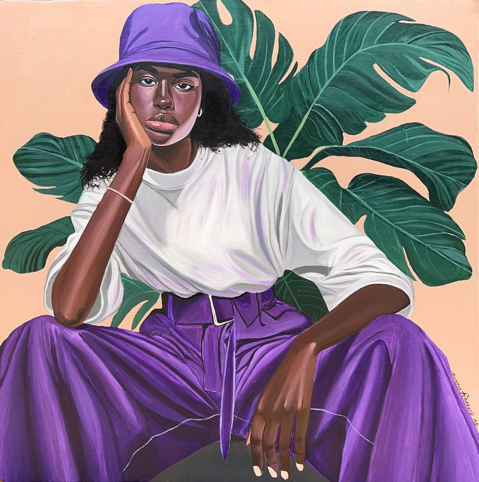 Samson Adetunji, Tropical Thoughts -21st Century, Contemporary, Figurative Portrait, Modern Women,: Creator: Samson Adetunji (2001, Nigerian) Creation Year: 2025 Dimensions: Height: 48 in (121.92 cm)Width: 48 in (121.92 cm)Depth: 1 in (2.54 cm) Medium: Canvas,Acrylic Movement & Style: Contemporary P