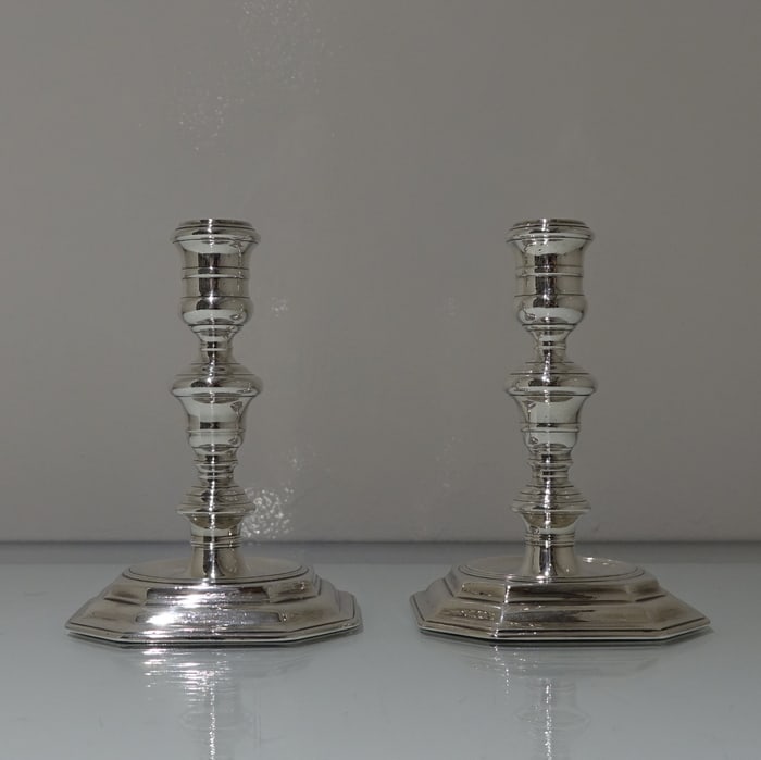 17th Century Antique William & Mary Sterling Silver Pair Candlesticks London 1694 George Bowers?: Title:17th Century Antique William & Mary Sterling Silver Pair Candlesticks London 1694 George Bowers? Description:Description A fine pair of William & Mary candlesticks decorated with strap work desi