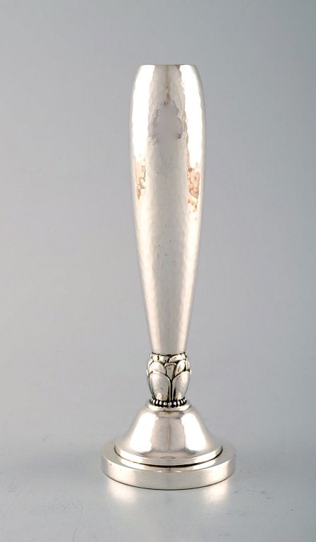 Georg Jensen art deco vase in hammered sterling silver. Designed by Harald Nielsen.: Title:Georg Jensen art deco vase in hammered sterling silver. Designed by Harald Nielsen. Description:Georg Jensen art deco vase in hammered sterling silver. Designed by Harald Nielsen. Model number 5