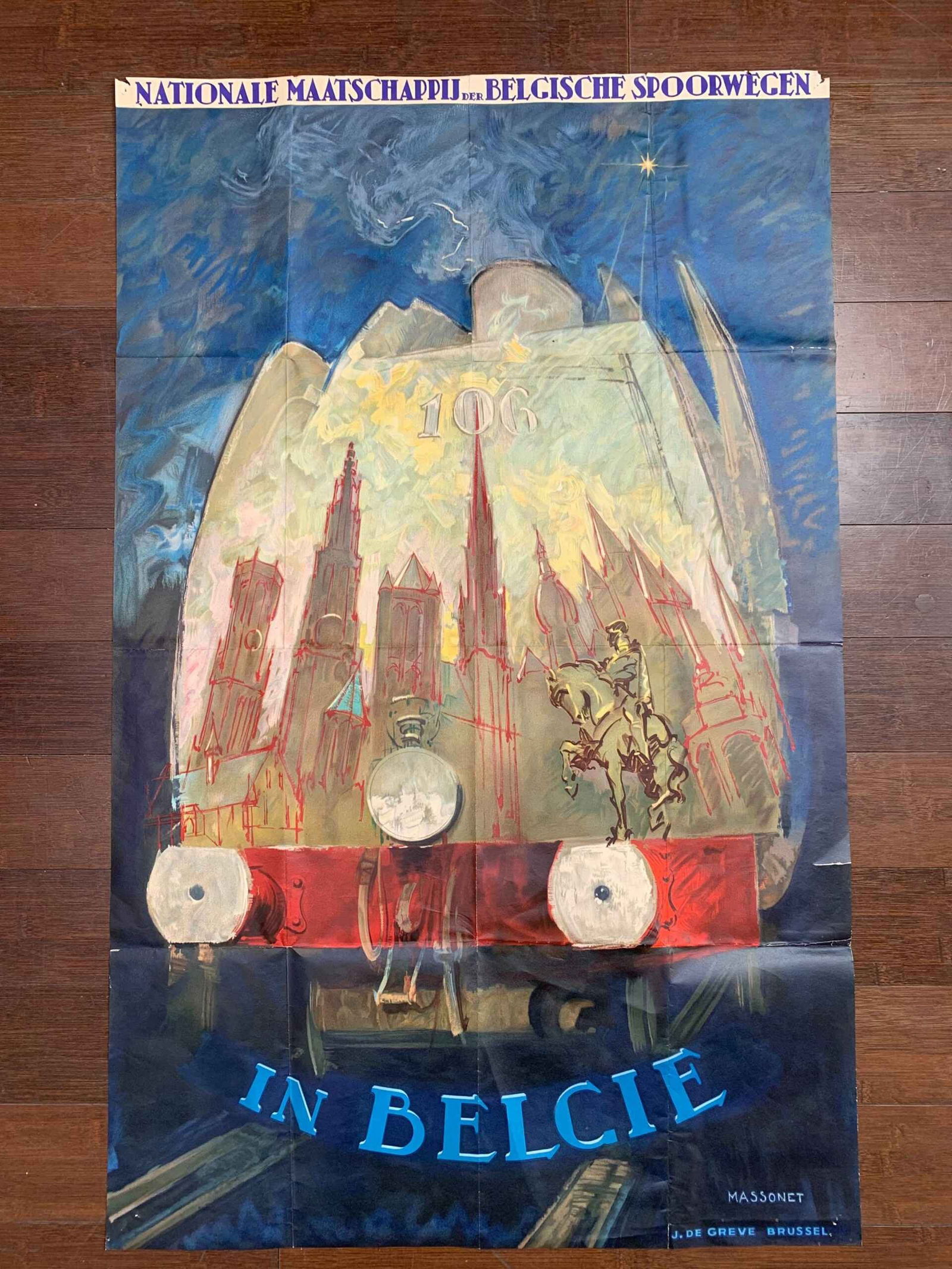 Belgian Railways - City in Train - Art Armand Massonet (1950) 24.4 x 39 Belgian Travel Poster