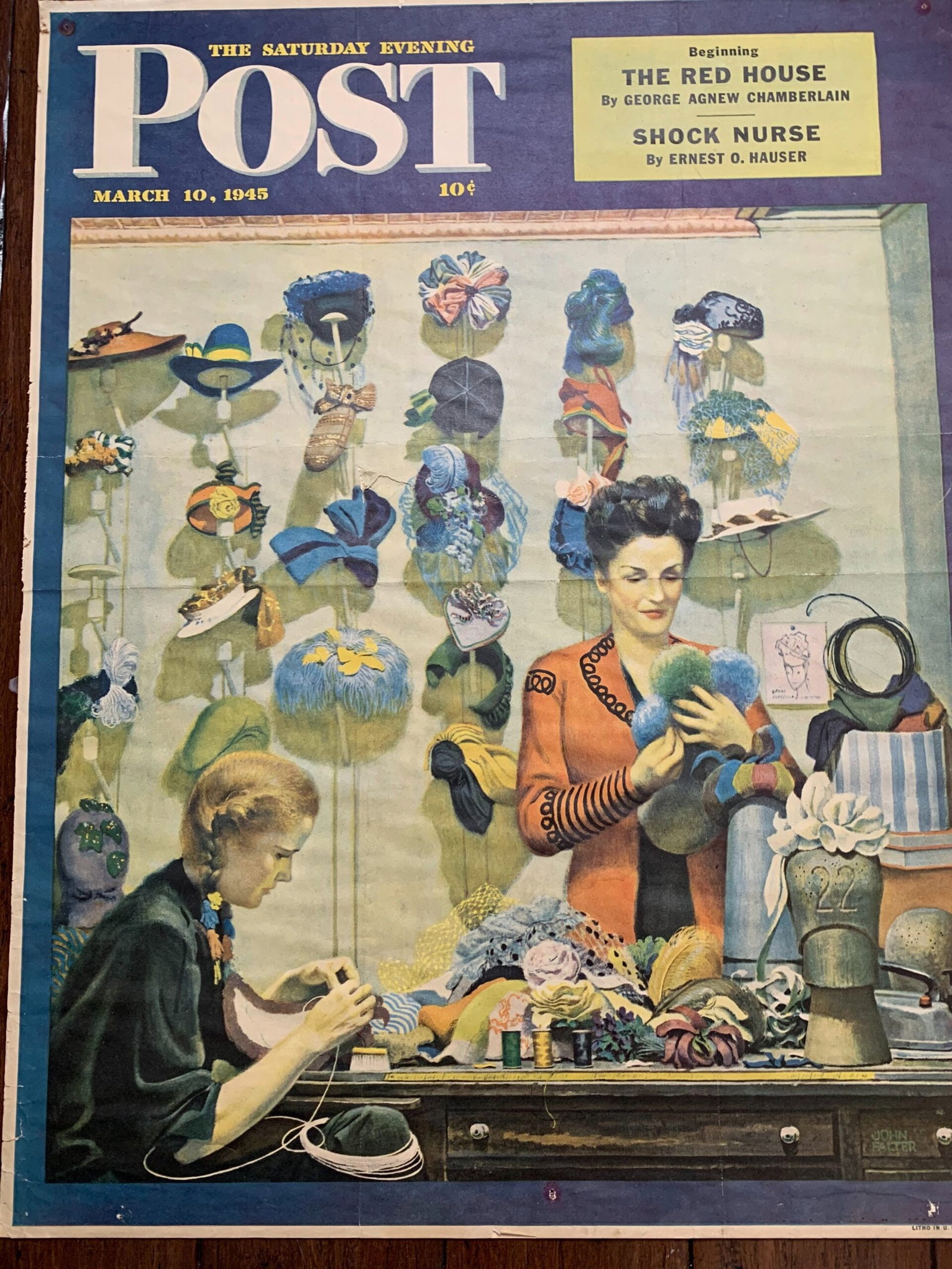 22x28 1945 Newstand Poster Saturday Evening Post - Art By John Falter millinery Shop - Card Backed